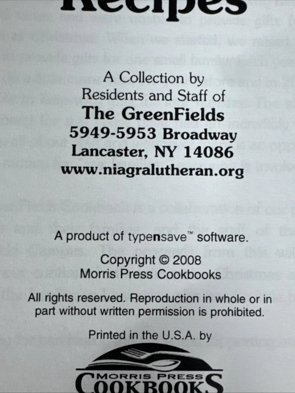 2008 Greenfields Favorite Recipes from Residents & Staff Lancaster New York